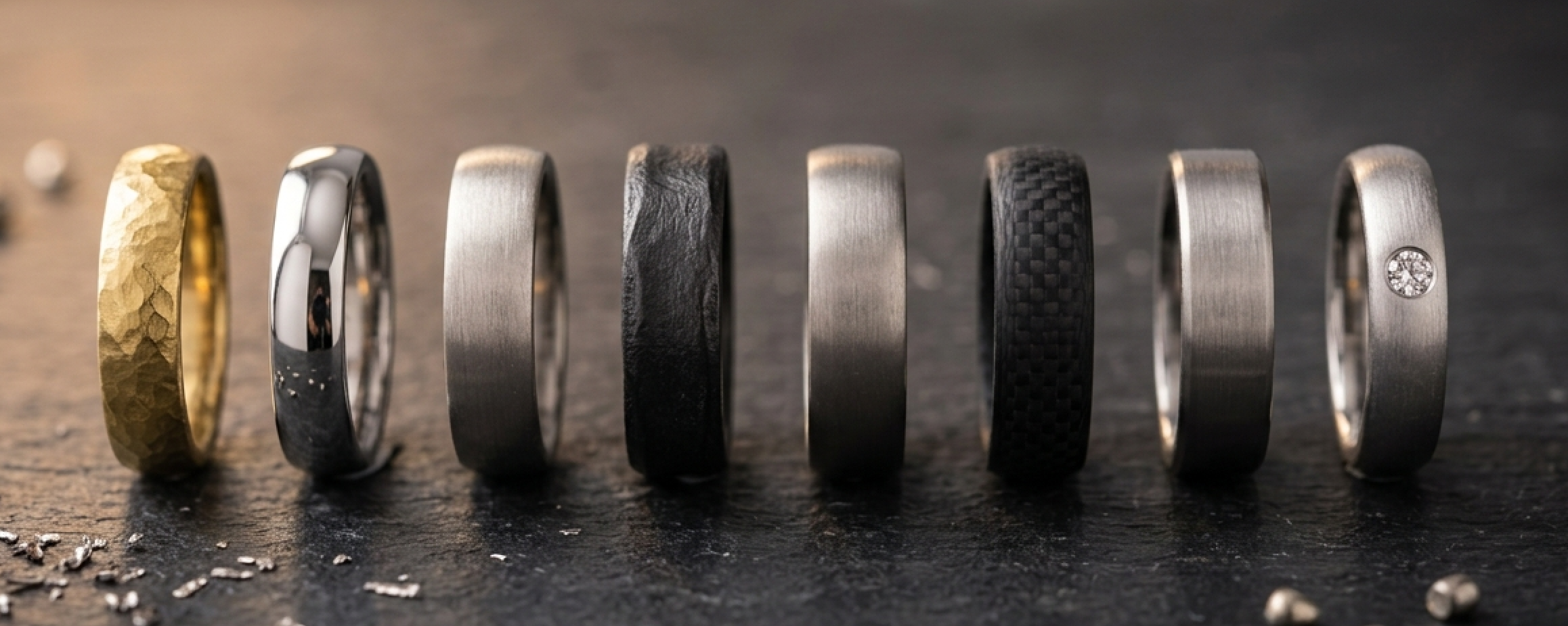 Acht verschiedene Trauringe aus Gelbgold, Platin, Palladium, Tantal, Titan, Carbon, Edelstahl und Silber auf einer dunklen Schieferplatte für den Trauring-Material-Vergleich.