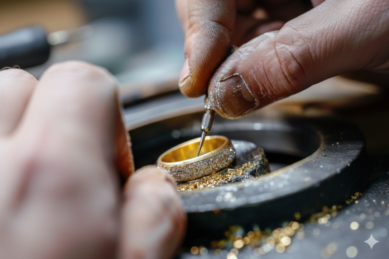Nahaufnahme eines Goldschmieds, der einen goldenen Trauring mit Diamanten präzise von Hand bearbeitet und veredelt